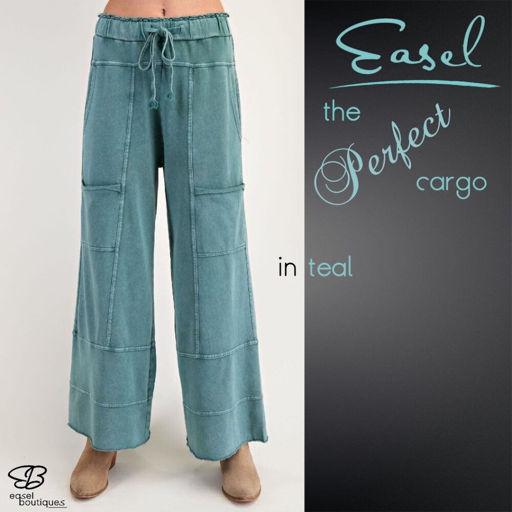 EASEL "Perfect Cargo" Terry Knit Mineral Washed Flared Leg Pants Raw Hem & Seams